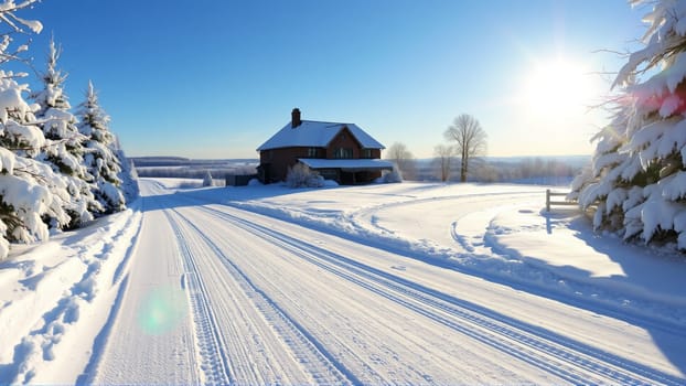 Village house, countryside covered with snow. High quality photo