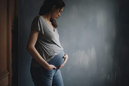 Sad lonely pregnant woman standing alone in the room. High quality photo