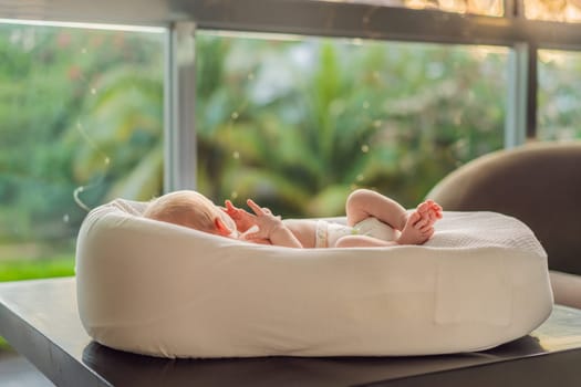 A newborn baby lies peacefully in their cozy sleep cocoon, gazing out of the window. A serene moment of curiosity and calm, symbolizing the early stages of life, peaceful reflection, and a connection with the outside world.