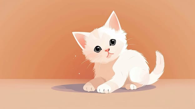 A fluffy white kitten with big eyes playfully interacts with its surroundings on a warm orange background, exuding charm and curiosity - Generative AI