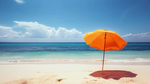 An orange umbrella stands alone on a pristine sandy beach, providing shade against the clear blue sky and tranquil ocean water on a sunny day - Summer holidays - Generative AI
