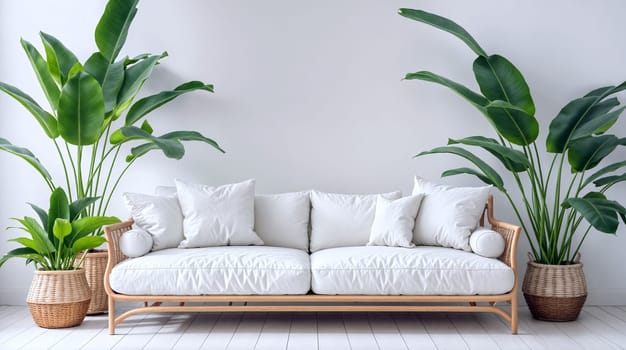 Bright and airy living space featuring a white couch with plush cushions, complemented by large green plants in woven pots, creating a refreshing atmosphere - Scandinavian style - Generative AI
