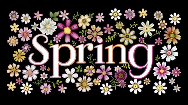 A vibrant display of various flowers surrounds the word Spring, showcasing an array of colors and delicate details, creating a cheerful atmosphere - Generative AI