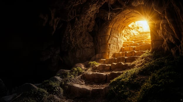The warm golden light floods an ancient cave entrance, revealing worn stone steps. Moss covers the surrounding area, adding to the mystical allure of this secluded spot - Generative AI