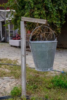 Rustic metal bucket swings gently from a wooden post amid an overgrown garden beneath a cloudy sky.