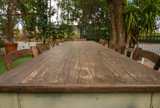 A rustic wooden table awaits friends and family for a delightful afternoon gathering under the trees.