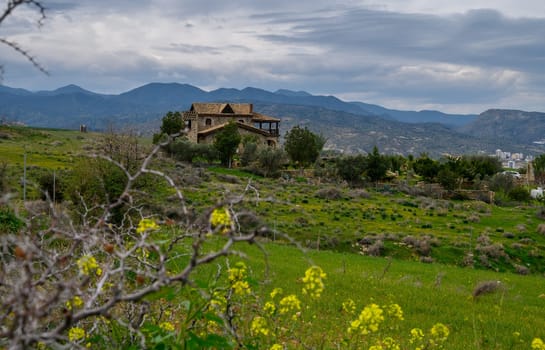 A charming house stands proudly on a hillside surrounded by lush greenery and distant mountains under an overcast sky.
