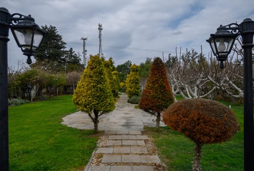 A well-maintained pathway surrounded by vibrant greenery invites visitors to explore a peaceful garden setting.