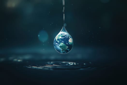 This captivating illustration captures the Earth encased in a single water droplet, symbolizing the delicate balance of nature and the beauty of our planet.