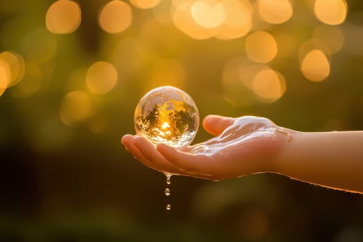 A hand elegantly holds a reflective water sphere, capturing the warm glow of sunset. Soft bokeh creates a dreamy atmosphere, evoking tranquility and beauty.