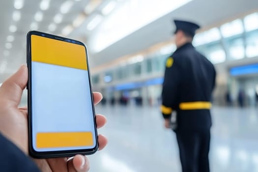 A security officer stands in an airport terminal, holding a smartphone. The image captures a modern travel environment focused on safety and functionality.