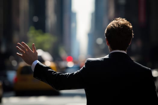 A businessman stands on a bustling urban street, raising his hand to hail a taxi. The tall buildings and bright city lights create a vibrant atmosphere, showcasing a typical urban lifestyle.