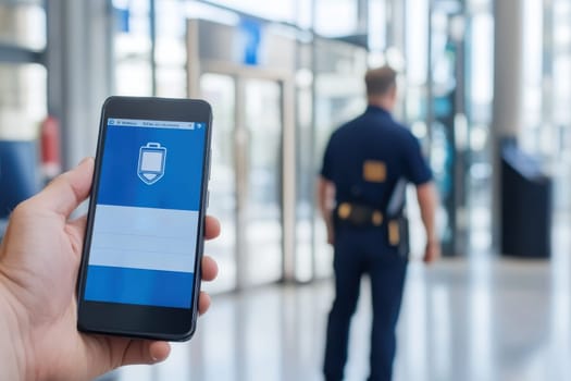 A person holds a smartphone displaying a security application while standing in a modern building. The scene captures the integration of technology in security practices.