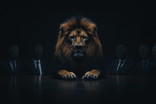 A stunning artistic representation features a majestic lion seated at a dimly lit table, surrounded by faceless figures, evoking themes of power, mystery, and authority. The dramatic scene plays with contrasts and emotions.