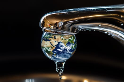 A striking image of a water drop reflecting the Earth while hanging from a kitchen faucet. The contrast showcases the relationship between water and our planet.