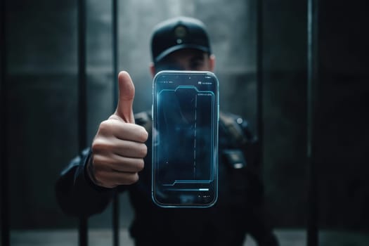 A police officer presents a smartphone featuring a holographic interface, symbolizing modern technology in law enforcement and security operations.