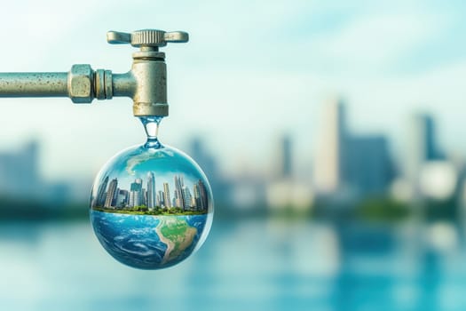 A stunning image featuring a water drop in the shape of a globe, showcasing a blend of vibrant cityscape and beautiful nature, symbolizing environmental balance.