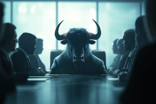 A striking image of a bull character in a business setting, symbolizing strength, ambition, and determination. The atmosphere captures a serious negotiation.