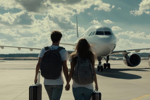 A joyful couple holding hands is walking towards an airplane at the airport. Their luggage in tow, they embody excitement for their upcoming adventure.