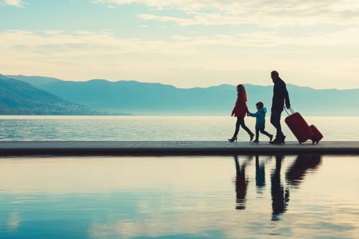 A family enjoying a tranquil stroll by the lake with luggage in tow. The serene landscape captures a perfect moment of togetherness and adventure.