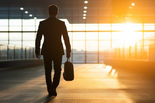 A businessman walks towards the golden sunset in a modern airport terminal. The silhouette highlights his journey, symbolizing travel, ambition, and solitude.