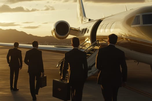 A group of business professionals in suits walk towards a private jet, signaling a journey of success and luxury against a stunning sunset backdrop.