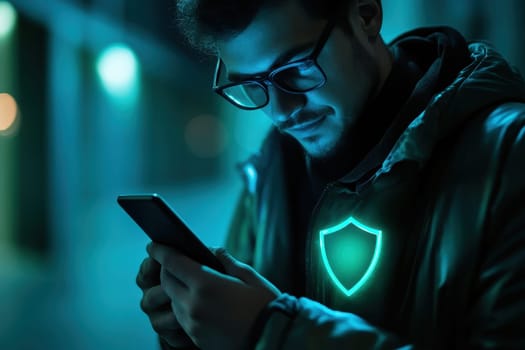 A young man with glasses engrossed in his smartphone, illuminated by neon lights. The modern urban setting adds a vibrant, tech-savvy atmosphere, capturing a moment of digital connection.