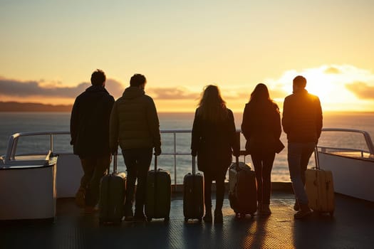 A group of five travelers stand with their luggage, gazing at a stunning sunset over the ocean. The silhouette captures a moment of reflection and connection.
