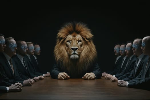 A striking image depicting a lion's head at a corporate meeting table, surrounded by businessmen. This surreal scene combines power and leadership themes.