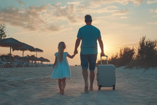 A heartwarming scene of a father and daughter walking hand in hand along a sandy beach at sunset, capturing a moment of connection and adventure.