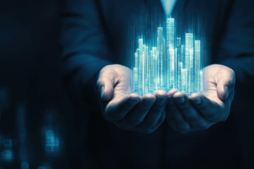 Hands holding a digital representation of an urban landscape, symbolizing technological advancement and innovation in city development and smart growth solutions.