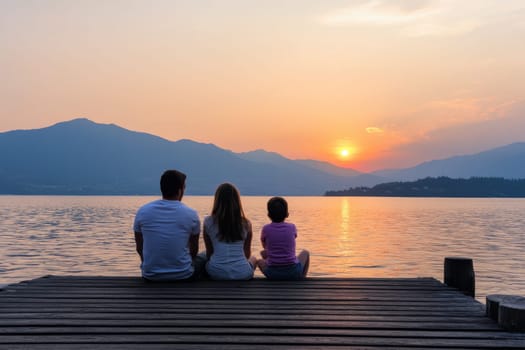 A family sits on a wooden pier, enjoying a breathtaking sunset over the lake. The silhouettes against the colorful sky evoke feelings of serenity and togetherness.