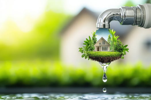 A creative representation of a water tap releasing a house enveloped in greenery, symbolizing nature's importance, sustainability, and harmony with the environment.