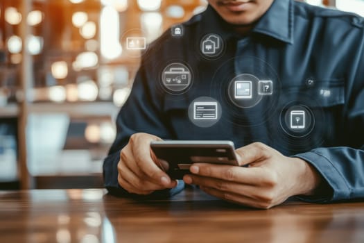 A professional worker interacts with a smartphone amidst digital icons in a modern office. The scene highlights technological advancements in communication and productivity.