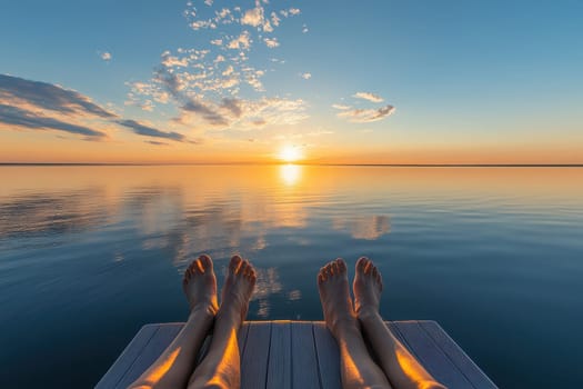 Enjoy a tranquil sunset over calm waters, featuring two pairs of feet resting on a dock, symbolizing relaxation and connection in nature's beauty.
