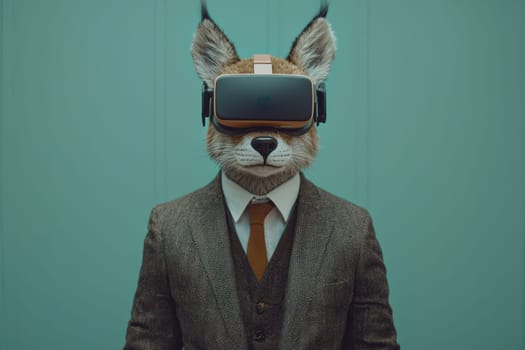 An anthropomorphic fox character wearing a virtual reality headset stands confidently in a stylish suit, blending the worlds of technology and creativity in a unique portrait.