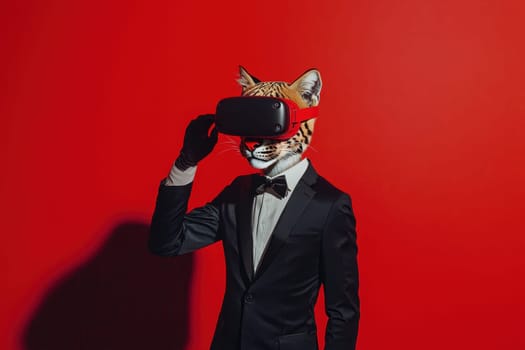 A stylish man in a tuxedo sports a tiger head while wearing a virtual reality headset. The vibrant red background enhances the imaginative and playful theme, combining fashion with technology.