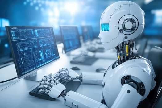 A futuristic robot typing at a computer in a modern office, illustrating the integration of artificial intelligence in everyday workspaces, showcasing advanced technology and productivity.
