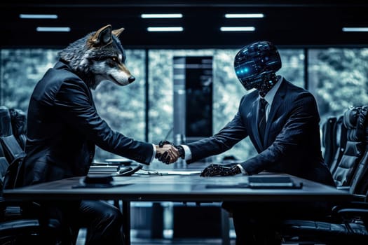 A surreal depiction of a wolf-headed man and a robot shaking hands in a sleek office setting, symbolizing the fusion of nature and technology in modern business.
