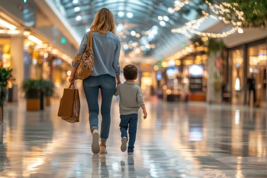 A warm and inviting scene of a mother and child walking through a modern shopping mall adorned with festive decorations, capturing the essence of family time and holiday spirit.