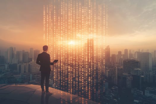 A businessman stands atop a high-rise, analyzing digital data against a stunning sunset. The cityscape conveys a blend of technology and opportunity, symbolizing innovation.