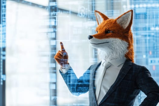 A unique fox character in a suit confidently gestures in front of digital elements, representing innovation and creativity in a corporate setting.