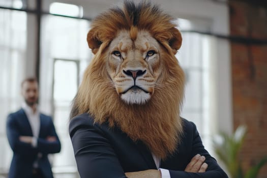 This striking image features a businessman with a lion's head, embodying strength and confidence. The surreal blend of human and animal highlights themes of leadership and power in a modern office setting.