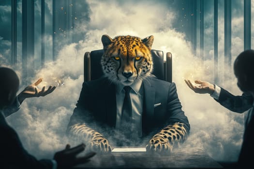 A surreal depiction of a tiger-headed leader in a business meeting, symbolizing power and authority in a fog-filled office setting.