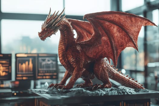 A striking red dragon sculpture captures the essence of fantasy, detailed with impressive wings and claws, showcased beautifully in a modern office setting.