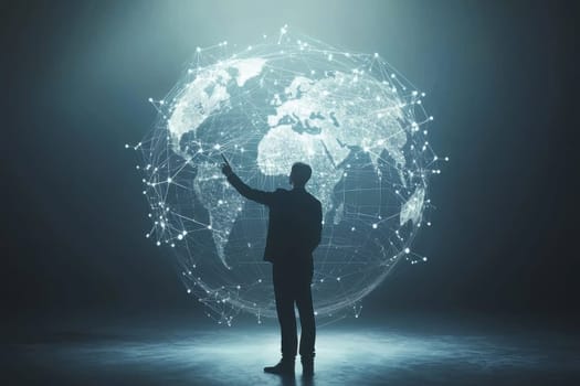 A businessman interacts with a glowing digital globe, showcasing global connections and advanced technology concepts in a modern business environment.
