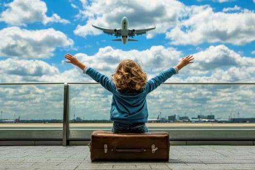 A joyful child with curly hair sits on a vintage suitcase, arms wide open, watching an airplane take off against a beautiful blue sky filled with clouds, capturing a moment of pure excitement and wonder.