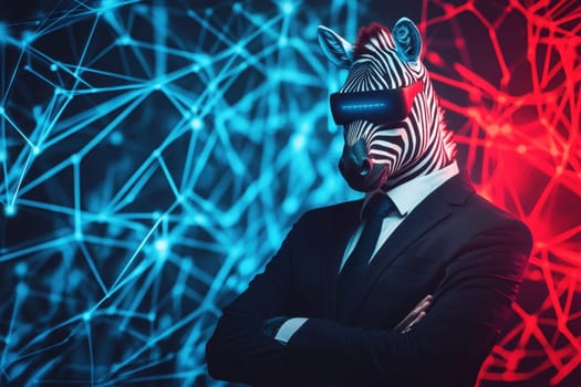 A modern businessman wearing a zebra mask and virtual reality glasses stands confidently against a colorful abstract background, symbolizing innovation and creativity.