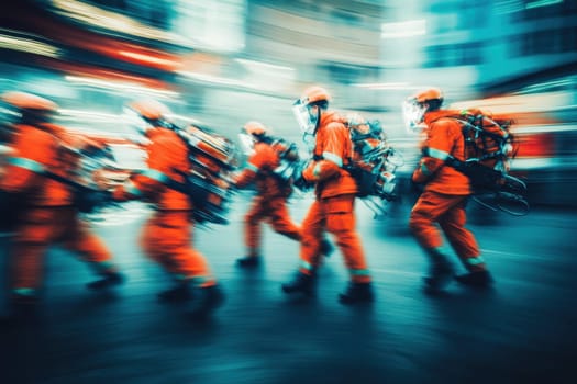 A group of dedicated firefighters in bright uniforms and gear rushes through a blurred city street during an emergency response, showcasing teamwork and urgency.