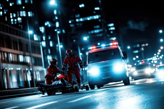 A dramatic scene of emergency medical responders attending to a patient at night, with an ambulance and city lights in the background, showcasing teamwork and urgency.